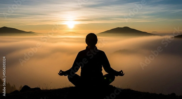 Fototapeta Silhouette of a Person Meditating at Sunrise Above the Clouds