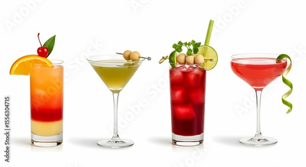 Obraz Colorful Assorted Cocktails on White Background, Refreshing Drinks
