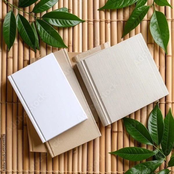 Fototapeta Relaxation book resting on a bamboo mat surrounded by natural monochrome hues