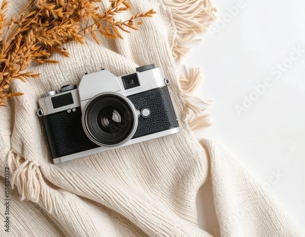 Fototapeta Artistic flat lay of digital camera surrounded by greenery and natural elements on linen