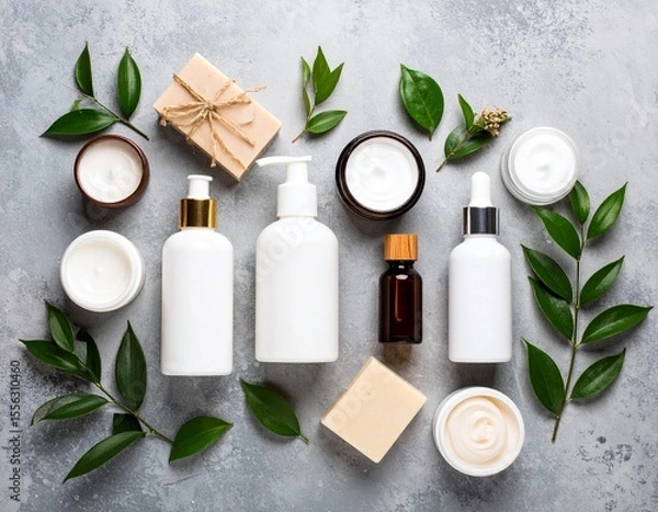 Fototapeta Fresh flat lay display of various natural skin care products on concrete with muted hues