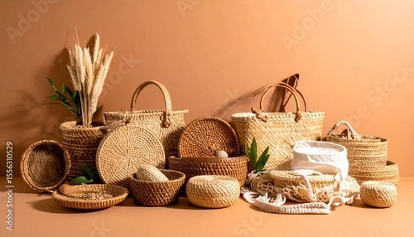 Fototapeta Array of natural fiber baskets on a table creating a warm and inviting eco-friendly kitchen