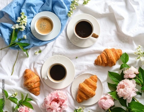 Fototapeta Charming flat lay of a croissant and cup of coffee on a linen base with pastel colors