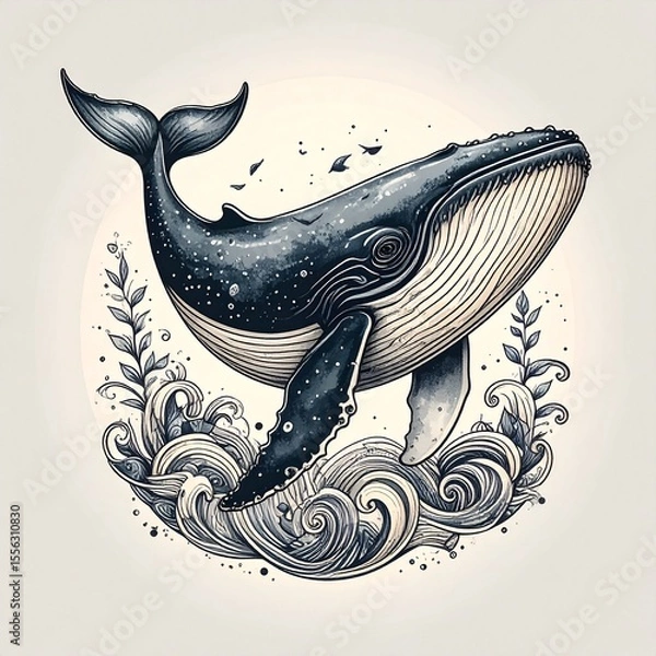Fototapeta Majestic whale surrounded by waves and stars in fine line tattoo design with stormy grays