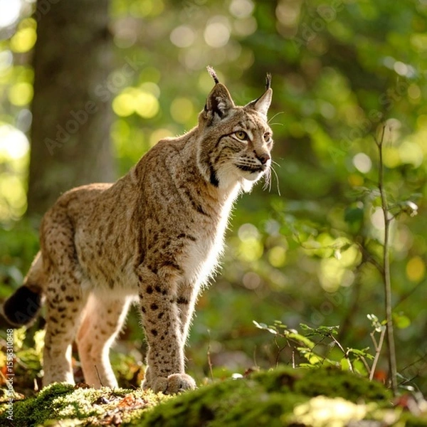 Fototapeta Wild bobcat displaying calling pose in tranquil woodland setting with minimalist aesthetic