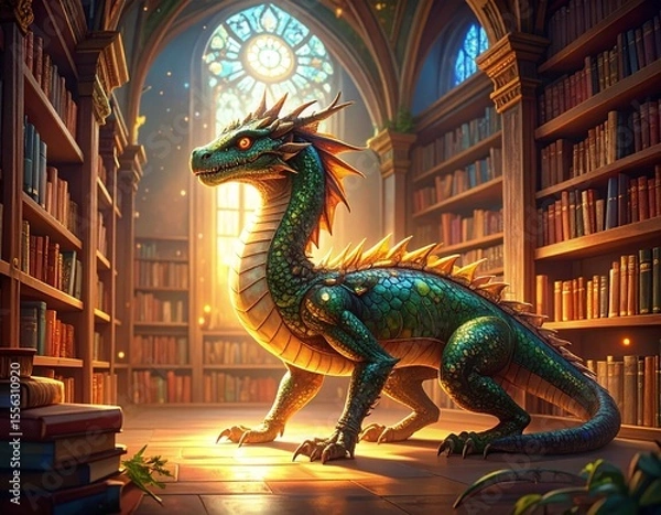 Fototapeta Serene dragon nestled within a world of enchanted books in a magical library of dreams