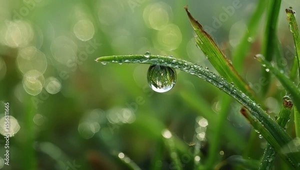 Fototapeta Close-up of a dewdrop hanging from a blade of grass, reflecting the green surroundings