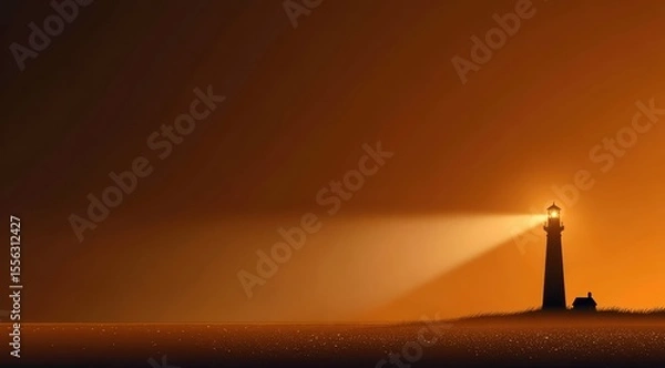 Fototapeta Lighthouse shines brightly in a hazy orange sunset, beam of light across water