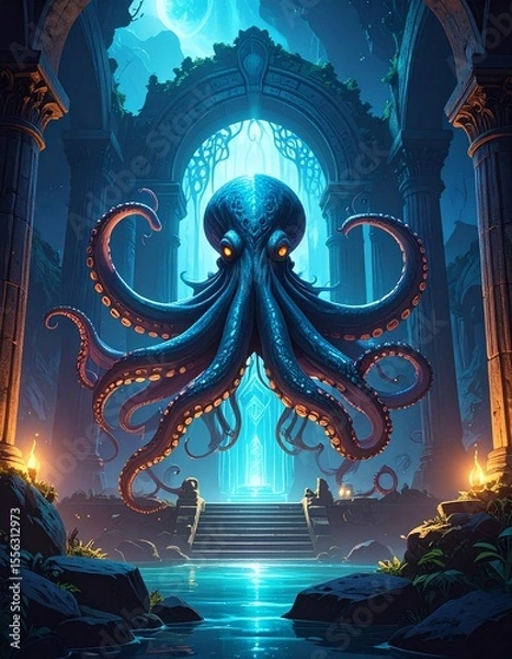 Fototapeta Enigmatic kraken residing in ancient ruins of a sparkling fantasy world filled with wonder