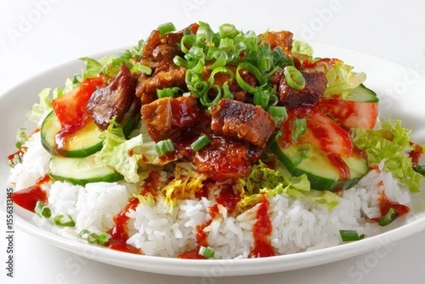 Fototapeta Tasty rice plate with meat, tomato, cucumbers, lettuce, and sliced green onions