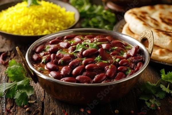 Fototapeta Rich dish of kidney beans in sauce with yellow rice and naan bread on a rustic table