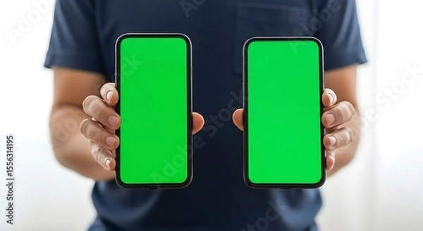 Fototapeta Person Holding Up Two Smartphones with Green Screens, Man Showing Two Mobile Phones With Green Mockup Screens