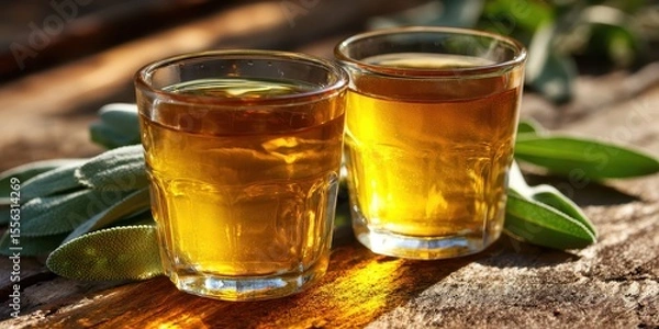 Fototapeta Two small glasses of golden liquid placed on a rustic wooden surface with green leaves