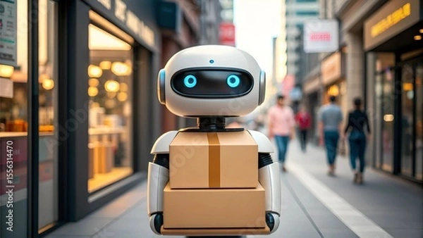 Fototapeta autonomous delivery robot concept A robot courier stands in a busy urban street, surrounded by pedestrians and shops.