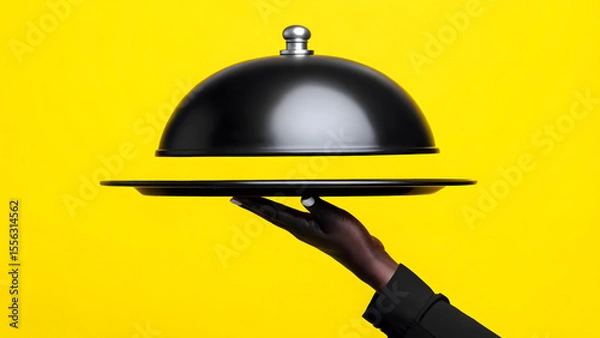 Fototapeta Black cloche and tray being held up by a dark-skinned hand on a bright yellow backdrop presents fine dining.