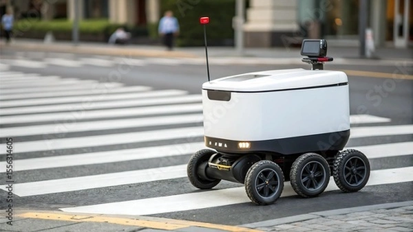 Fototapeta autonomous delivery robot concept Delivery robot crossing a city crosswalk on a busy street.