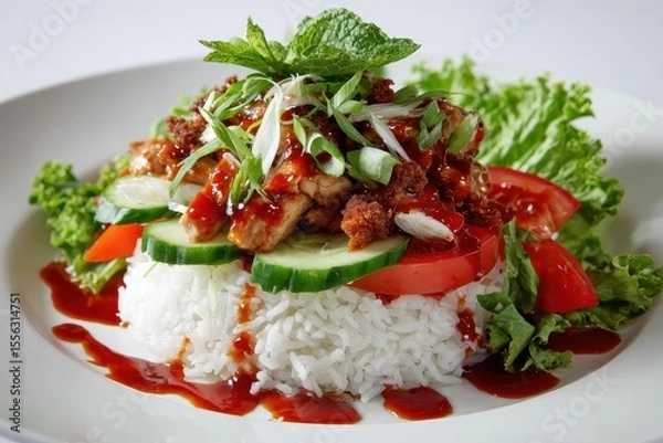 Fototapeta Appetizing food on a white plate with rice, chicken, vegetables, and sauce