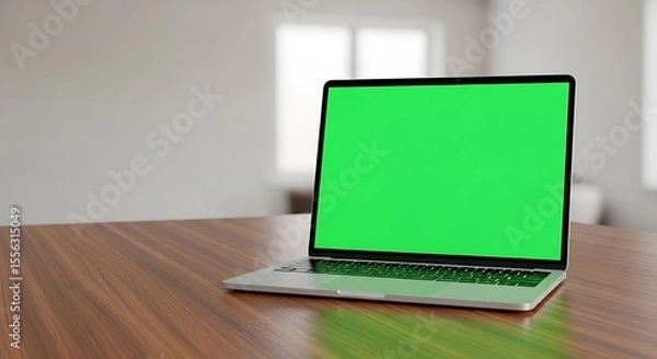 Fototapeta Sleek Laptop on Wood Surface with Green Screen Ready for Content Insertion,  Modern Computer Display with Blank Screen on a Stylish Table