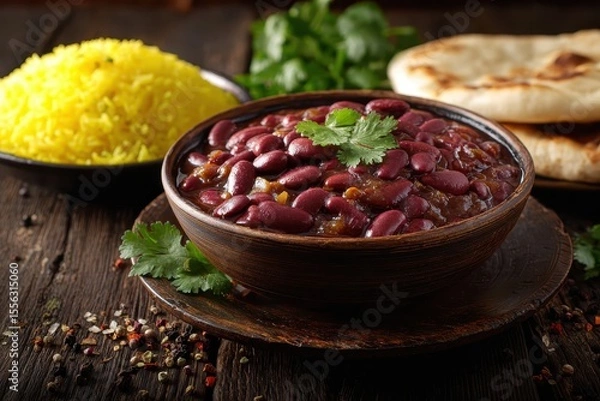 Fototapeta Bowl of red beans, yellow rice, naan, and cilantro on a rustic wooden background