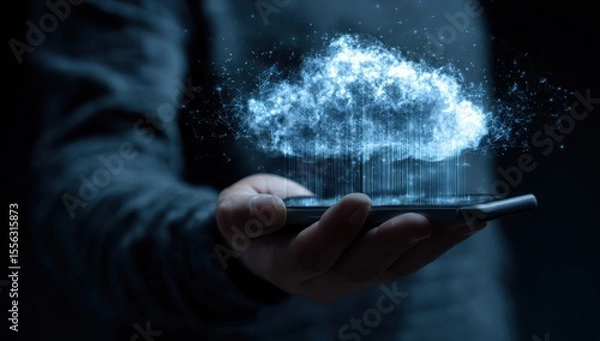 Fototapeta Person holding a smartphone displaying a holographic cloud emitting data streams