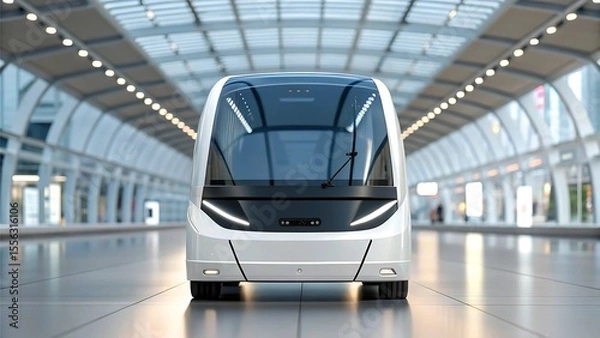 Fototapeta airport autonomous transport concept Futuristic autonomous vehicle in a sleek, modern transport terminal.