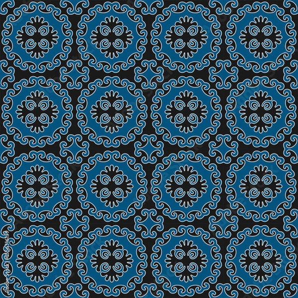 Fototapeta Seamless black and blue pattern. Mongolian traditional motifs. Swatch is included. 
