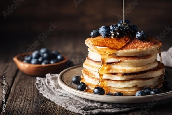 Fototapeta Stack of golden pancakes topped with blueberries and syrup, rustic background