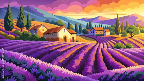 Fototapeta A sea of purple stretches to the horizon in neat rows of lavender glowing under the golden summer sun. Stone cottages and gentle hills in the background complete the rustic tranquility.
