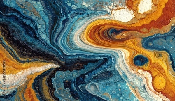 Fototapeta Flowing mixed paint effect, featuring a swirl of blues, golds, whites, and swirling patterns