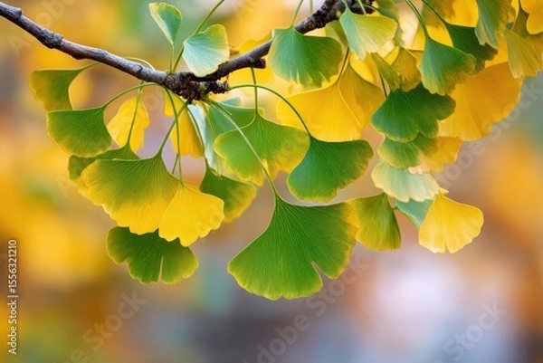 Fototapeta Ginkgo branch with yellow and green fan-shaped leaves against a blurred bokeh background