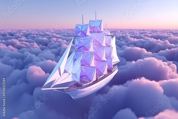 Obraz Futuristic ship floating on clouds