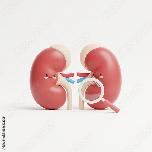 Fototapeta 3D Cartoon Anatomy of Kidneys with a Magnifying Glass, Lighthearted Medical Concept for Awareness Events.