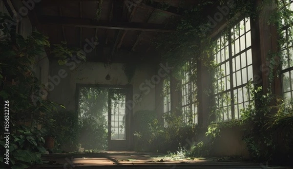 Fototapeta Abandoned room with overgrown plants and sunlight through large windows, evoking decay