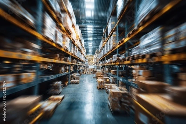 Fototapeta A warehouse aisle with shelves stacked with boxes, blurred for a sense of motion