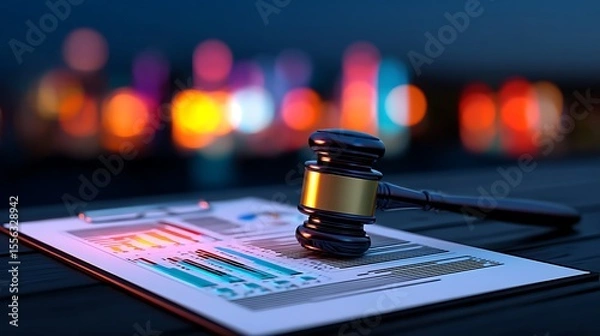 Fototapeta Gavel resting on financial data, nighttime city lights blurred background