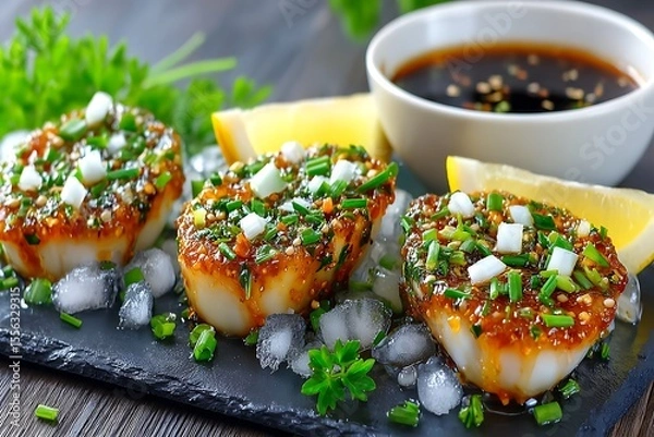 Obraz Pan-seared scallops with sauce and garnish