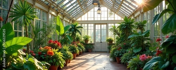 Obraz Lush Tropical Conservatory Vibrant Blooms and Intricate Details in a Sun-Drenched Greenhouse, Perfect for Home Improvement, Gardening, and Architectural Design Inspiration