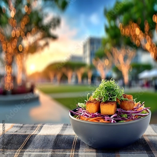 Obraz Bowl of colorful salad, outdoor setting