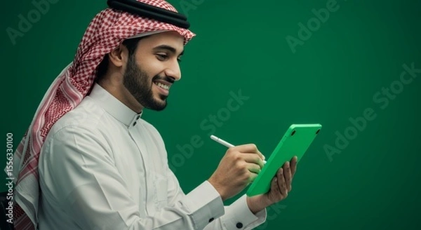 Fototapeta Arab Man Smiles While Using a Stylish Green Tablet