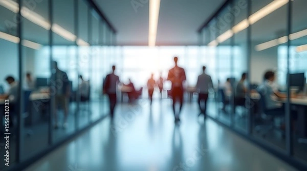 Fototapeta Blurred Office Scene People Walking in Modern Workspace with Glass Walls Corporate Environment Business Activity Vector Illustration