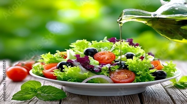 Obraz Healthy salad being dressed with oil