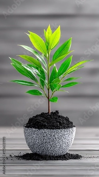 Obraz Small plant in pot on wooden surface