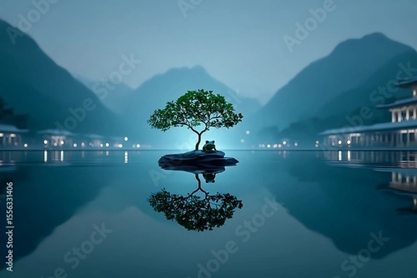 Obraz Tranquil scene with a tree and figures on a rock in a lake