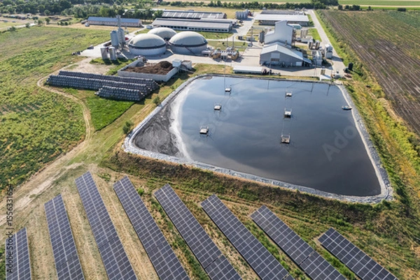 Fototapeta Aerial view of biogas plant using renewable energy for biomethane production