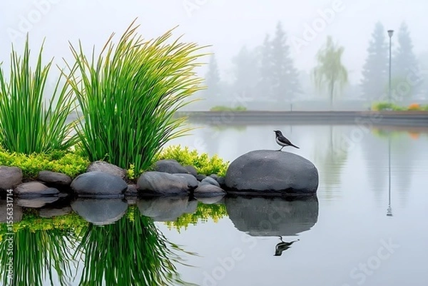Obraz Misty morning pond scene with bird
