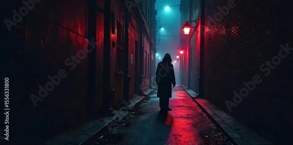 Obraz A shadowy figure lurking in a dark alleyway, exuding an aura of malice and deceit The scene is suggestive of hidden agendas and unsavory actions , crime, unsavory, dishonesty