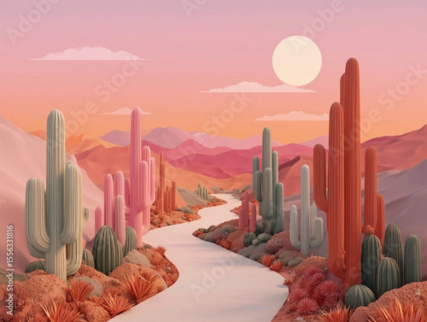 Obraz Minimalist desert highway at dusk surrounded by  botanical structures mimicking native cacti, pastel earth tone palette with soft orange, terracotta, and pale olive gradients. 
