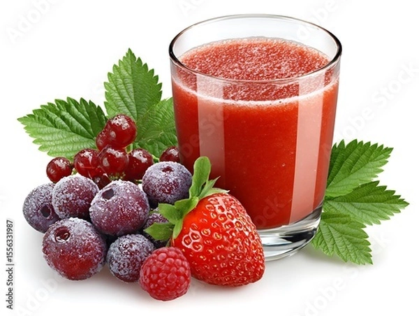Obraz Red fruit smoothie, berries, leaves