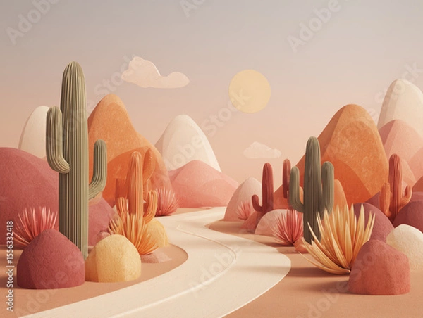 Obraz Minimalist desert highway at dusk surrounded by  botanical structures mimicking native cacti, pastel earth tone palette with soft orange, terracotta, and pale olive gradients. 