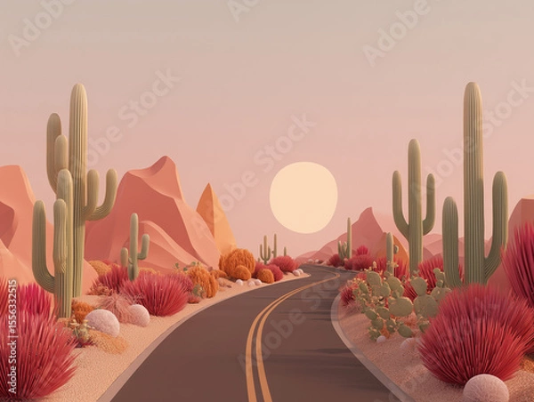 Obraz Minimalist desert highway at dusk surrounded by  botanical structures mimicking native cacti, pastel earth tone palette with soft orange, terracotta, and pale olive gradients. 